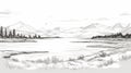 Bucolic Landscapes: Detailed Black And White Mountain And Lake Drawing