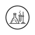 Black and white line art icon of chemical laboratory in a round frame