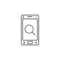 Line art icon of mobile phone with a magnifying glass