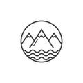 Line art icon of mountains and pond waves in a round frame