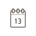 Line art icon of the tear-off calendar with number thirteen on sheet