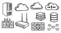 Black and white line art icons representing cloud computing networks server router firewall database and blockchain technology Royalty Free Stock Photo