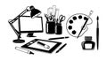 Black and white line art illustration of creative workspace with desk lamp computer paint palette ink bottle and drawing tools Royalty Free Stock Photo