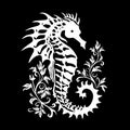 black and white line art illustration design of seahorses and plants on a black background Royalty Free Stock Photo