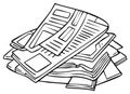 Black and white line art illustration of a stack of daily newspapers with headlines and articles Royalty Free Stock Photo