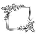 Black and white line art of a rectangular floral frame with two roses Royalty Free Stock Photo