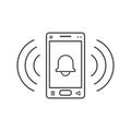 Line art ringing smartphone icon with a sign of the bell and signal waves