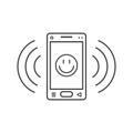 Line art ringing smartphone icon with smiley emoji and signal waves