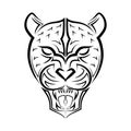 Black and white line art of Roaring Leopard head. Royalty Free Stock Photo