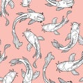 Black and white line art swimming Japanese Koi fish on pastel background. Seamless vector pattern