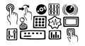Black and white line art touchscreen gesture icons including swipe tap joystick and control panel elements in vector style Royalty Free Stock Photo
