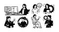 Black and white line art vector of diverse women working with gears and puzzle pieces in office and engineering contexts showing Royalty Free Stock Photo