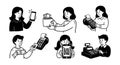 Black and white line art vector of people using mobile payment methods with qr code scanner cash register and wallet transactions Royalty Free Stock Photo