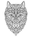 Black and white line-art wolf head. Adult coloring page with decorative wolf mascot.