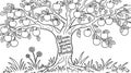 Black-and-white line drawing, apple tree, thick gnarled trunk, spreading branches Royalty Free Stock Photo