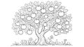 Black-and-white line drawing, apple tree, thick gnarled trunk, spreading branches Royalty Free Stock Photo