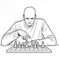 Bald Chess Player with Focused Expression in Minimalist Line Drawing