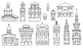 Black and white line drawing, cityscape architectural elements ve