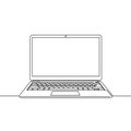 Black and white line drawing depicting a laptop. The front view highlights the screen, a Royalty Free Stock Photo