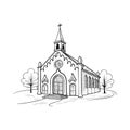 Black and white line drawing of a church with a steeple and trees on a white background building architecture Royalty Free Stock Photo