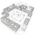 Black and white line drawing depicts a large, rectangular plaza surrounded by Royalty Free Stock Photo