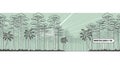 A line drawing of a forest with tall trees and palm trees arranged in a grid pattern with sun rays shining through Royalty Free Stock Photo