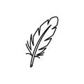 Black and white line drawing of a feather. The design features a central quill with curved Royalty Free Stock Photo