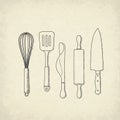 A black and white line drawing of five kitchen utensils arranged vertically on a Royalty Free Stock Photo