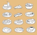 Black and white line drawing of international food icon collection set, create by vector Royalty Free Stock Photo