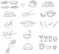 Black and white line drawing kitchenware icon set