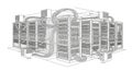 Black and white line drawing of a large server room data center with multiple rows of servers connected by complex network cables Royalty Free Stock Photo