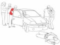 Road traffic collision - first aider, highlighted in red t-shirt, talks to driver and calls for