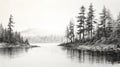 Hyperrealistic Black And White Concept Art: Pine Trees By The Lake Royalty Free Stock Photo