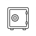 Black and white line drawing of a square safe with a combination lock on the front. Royalty Free Stock Photo
