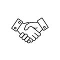 Black and white line drawing of two hands engaged in a handshake. The hands are Royalty Free Stock Photo