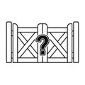 Black and white line drawing of a wooden crate with a large question mark on the Royalty Free Stock Photo