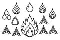 Black and white line of flames and drops fire flame drop water drop fire symbol Royalty Free Stock Photo