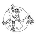 Black and white linear drawing of an astronaut flying over our planet Earth. It is connected by cable to the spacecraft. Astronaut