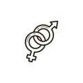 Black and white linear icon of interwoven symbols of different sexes