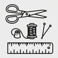 Black and white linear sewing kit illustration featuring scissors, thread spool, thimble, pins, and ruler, perfect for sewing Royalty Free Stock Photo