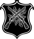 black and white linear sign, designation coat of arms of hunters shooters, hand drawn illustration vector