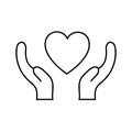 Black and white linear simple icon of a beautiful heart in hands for the holiday of love on Valentine`s Day or March 8. Vector Royalty Free Stock Photo