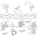 Black and white linear sketch of marine life underwater and above water. Cartoon Coloring Page of the seabed and sky with fish, Royalty Free Stock Photo