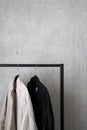 Black and white linen garment on clothing rack Royalty Free Stock Photo