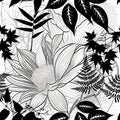 Black and white lines floral seamless pattern. Beautiful tropical flowers vector background. Repeat backdrop. Doodle lines flowers Royalty Free Stock Photo