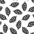 Black and white linocut leaves seamless pattern, vector