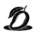 Black and white linocut style illustration of a mango with two leaves on a white background fruit tropical Royalty Free Stock Photo