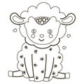 A black and white little pretty lamb sits and smiles. Scandinavian style. For printing on children`s coloring book or page, logo.