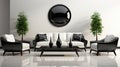 black and white living room with sofa and chairs in japanese minimalist style
