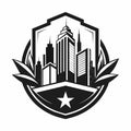 Black and white logo of a city, featuring modern urban elements in a sleek design, Design a sleek emblem for a forward-thinking Royalty Free Stock Photo